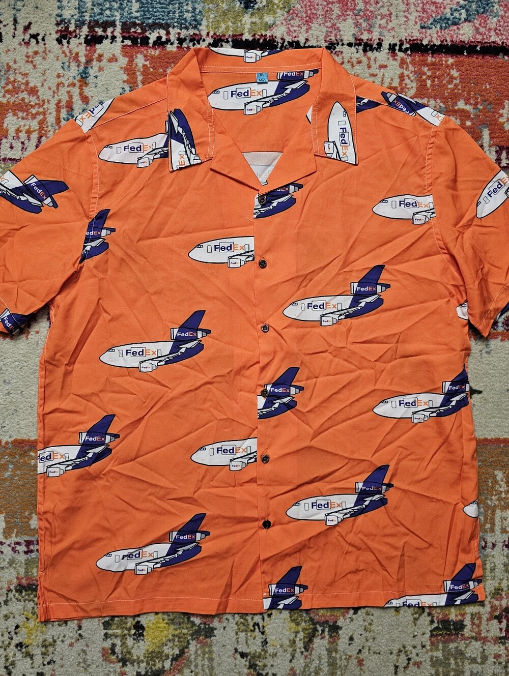 FedEx Hawaiian AOP Aviation Logistics Plane Shirt Mens XL Button Up Orange